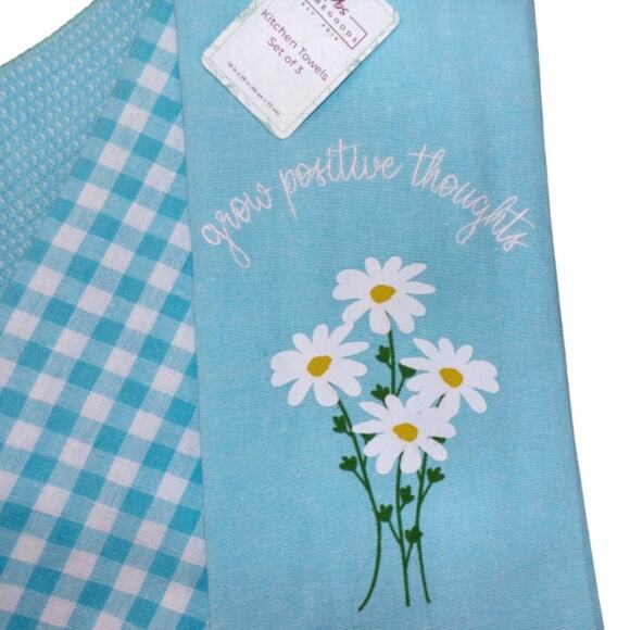 PBS Homegoods Kitchen Tea Dish Towels (3) "Grow Positive Thoughts" Floral Checks - Picture 3 of 3